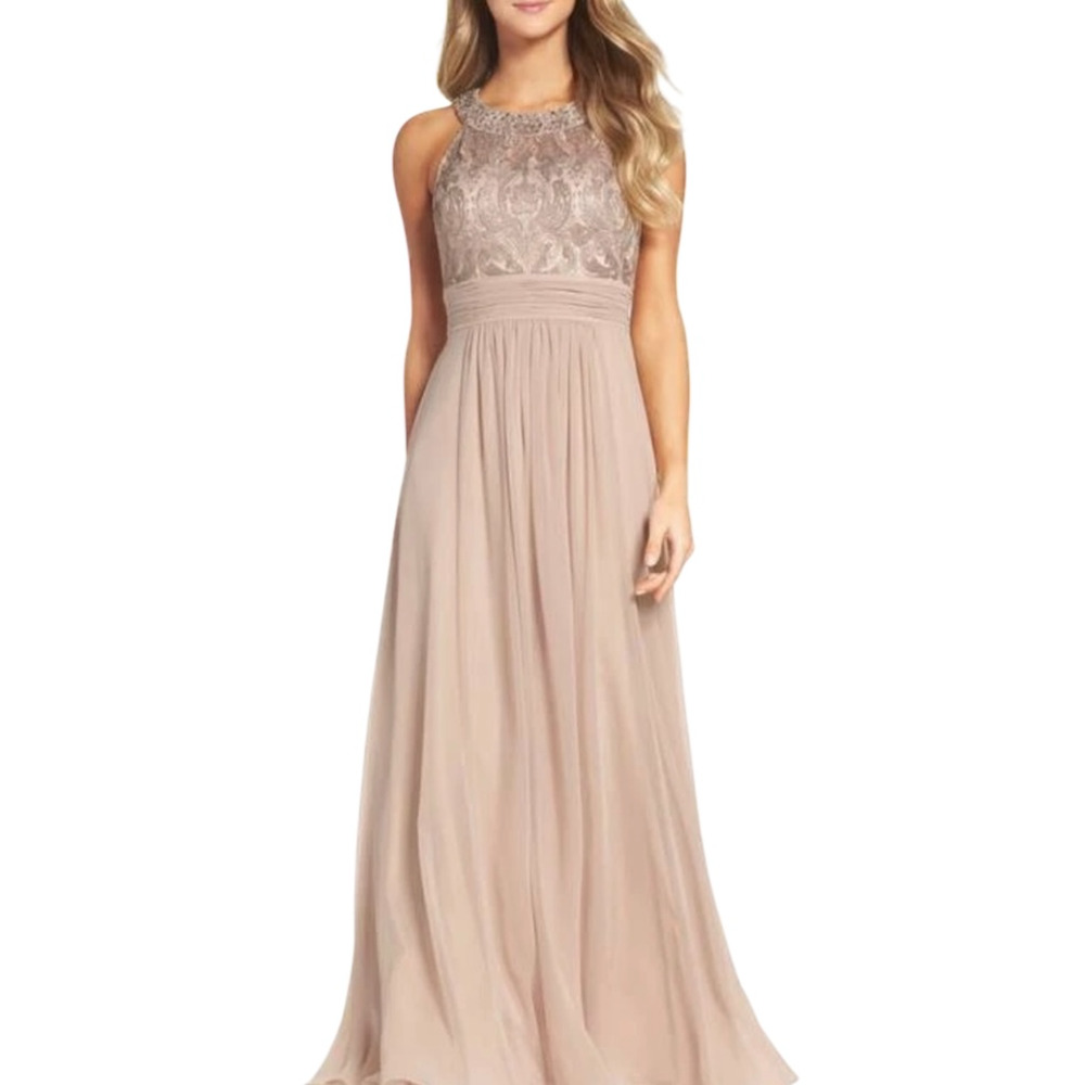 Eliza J Lace Bodice Chiffon Jewel Neck Embellished Blush Evening Gown Size 6